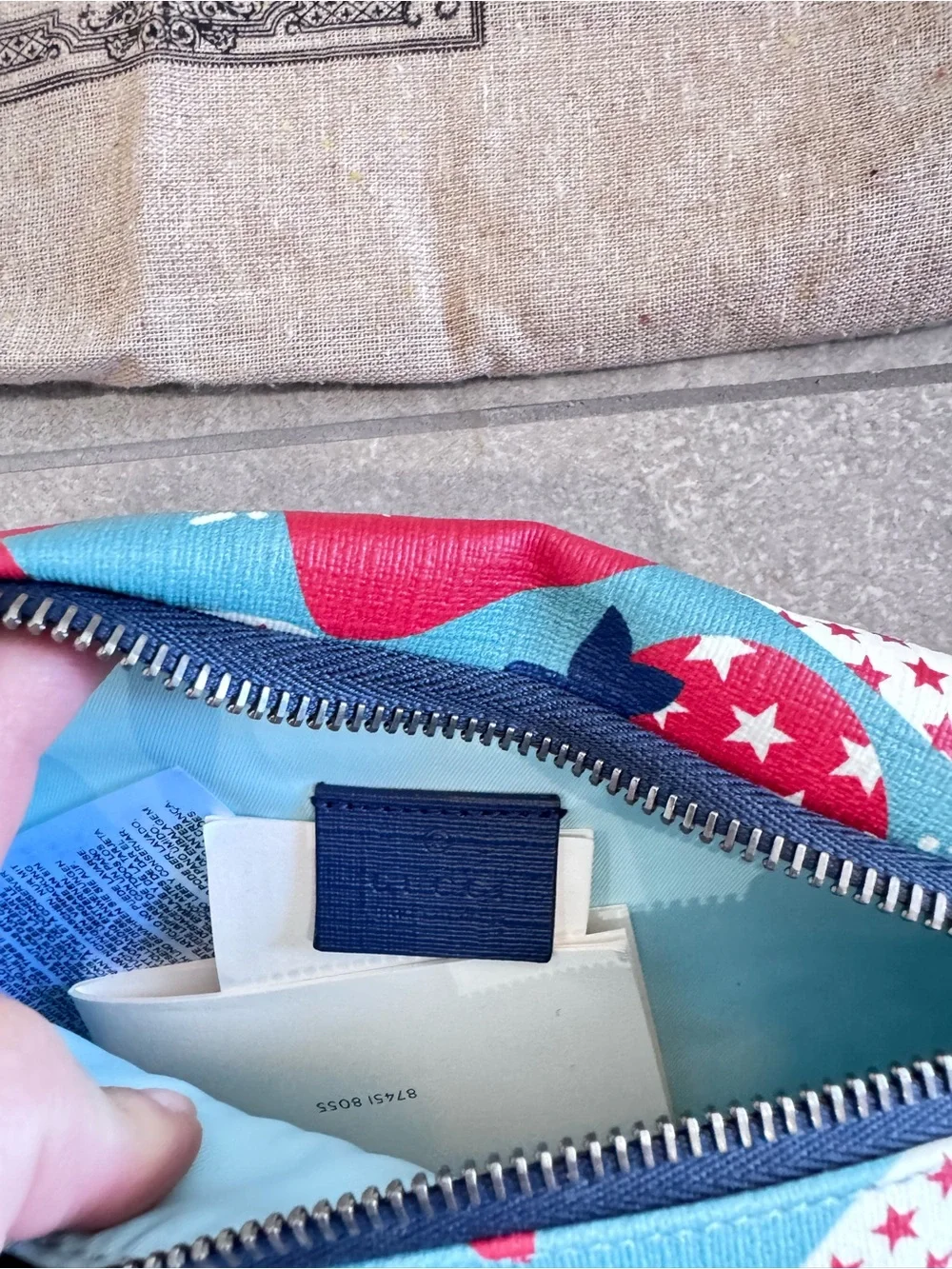 Gucci Blue, Red & White Strawberry Print Crossbody Belt Bag